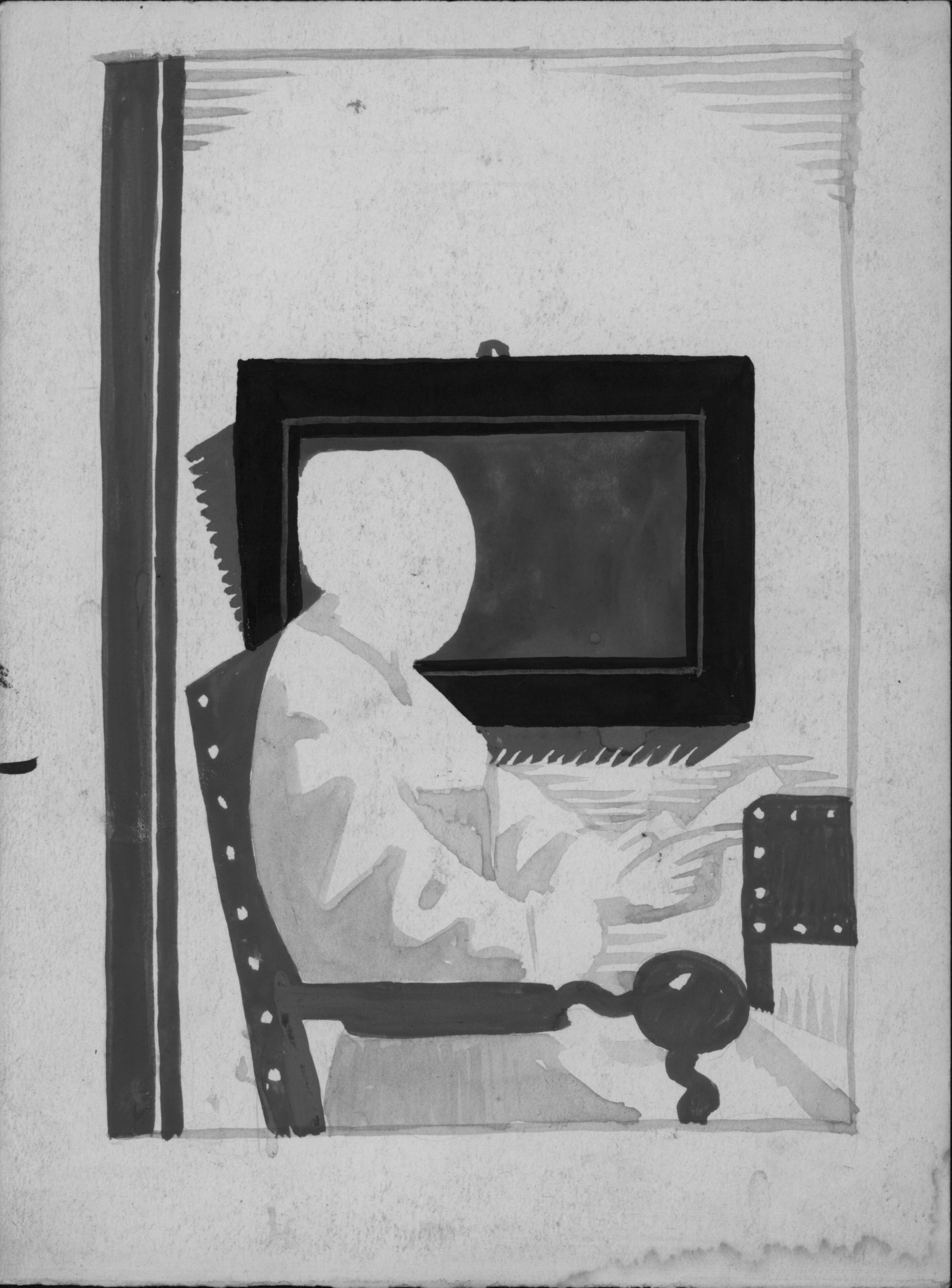 sideview of person sitting in chair in front of a picture frame on a wall