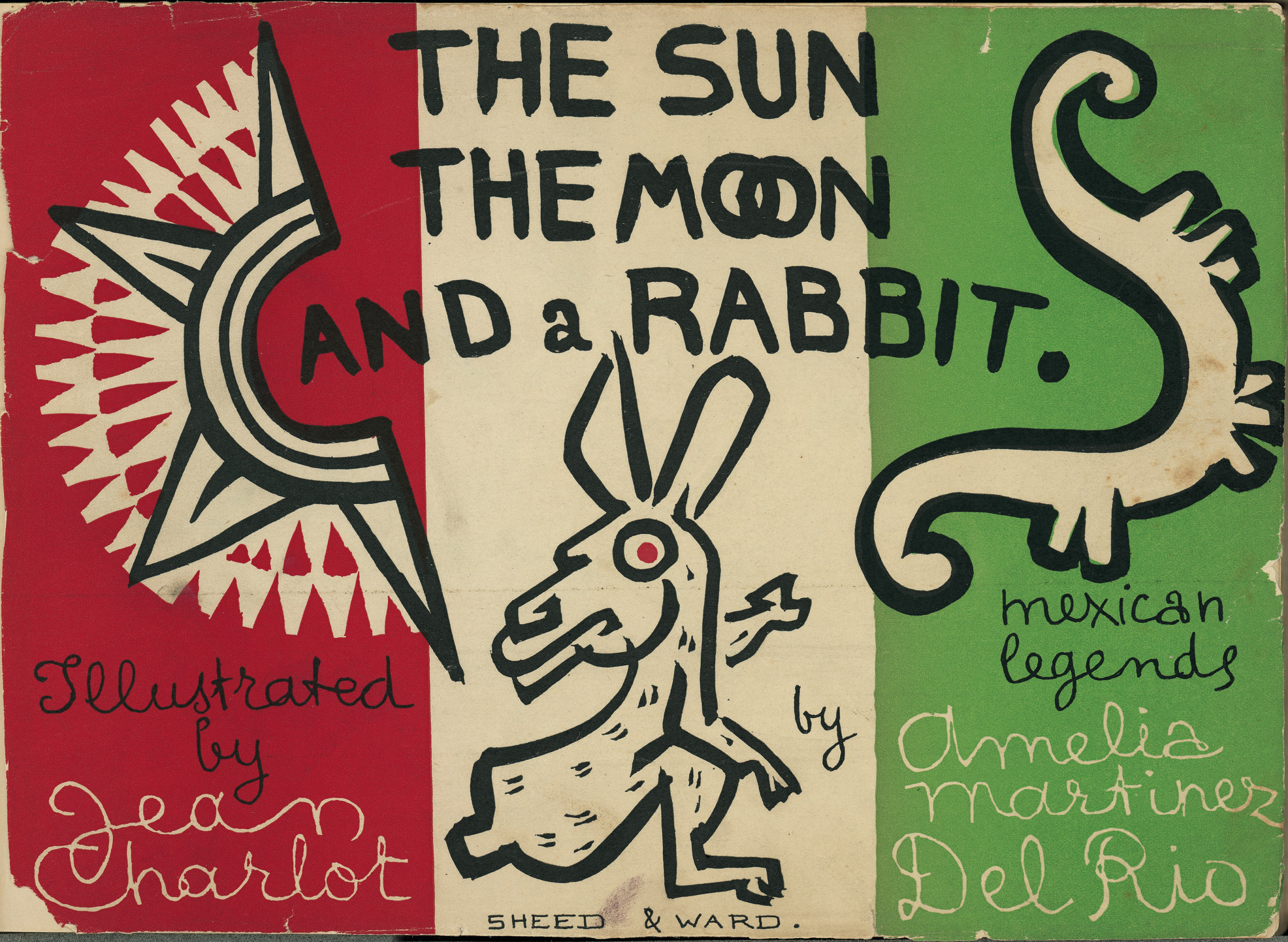 Book jacket for 'The Sun, the Moon and a Rabbit' written by Amelia Martinez del Rio.  Illustrations by Jean Charlot.