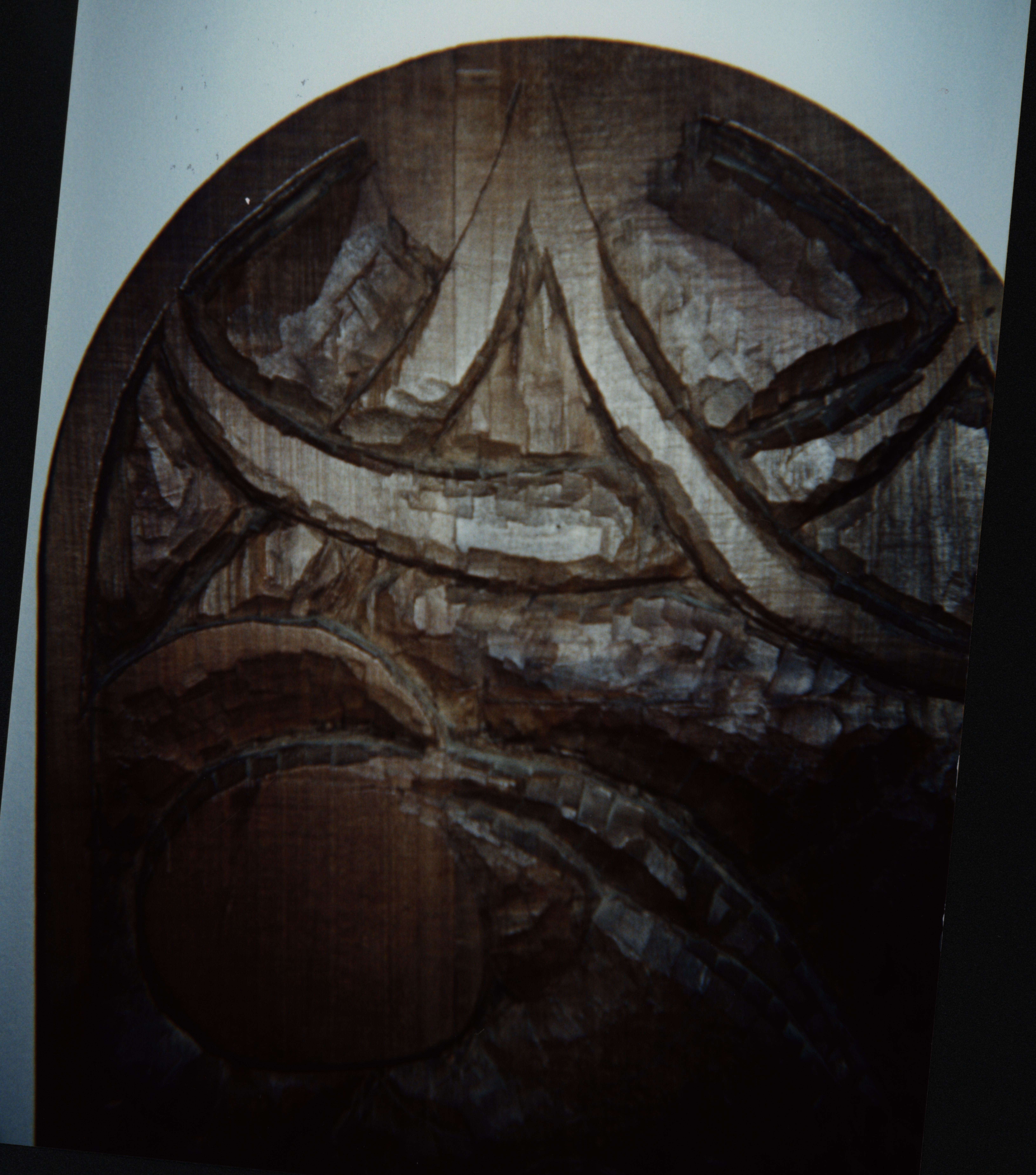 Polychrome wood sculpture, unfinished bas-relief.  La Virginité, top.  Jean Charlot.