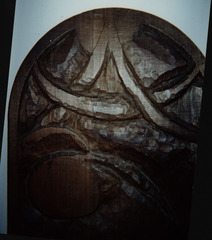 Polychrome wood sculpture, unfinished bas-relief.  La Virginité, top.  Jean Charlot.