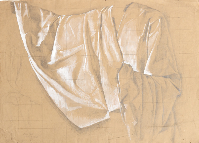 Pencil and gouache(?).  Étude pour L'Amitié, robed torso and arms of the angel.  Jean Charlot.
