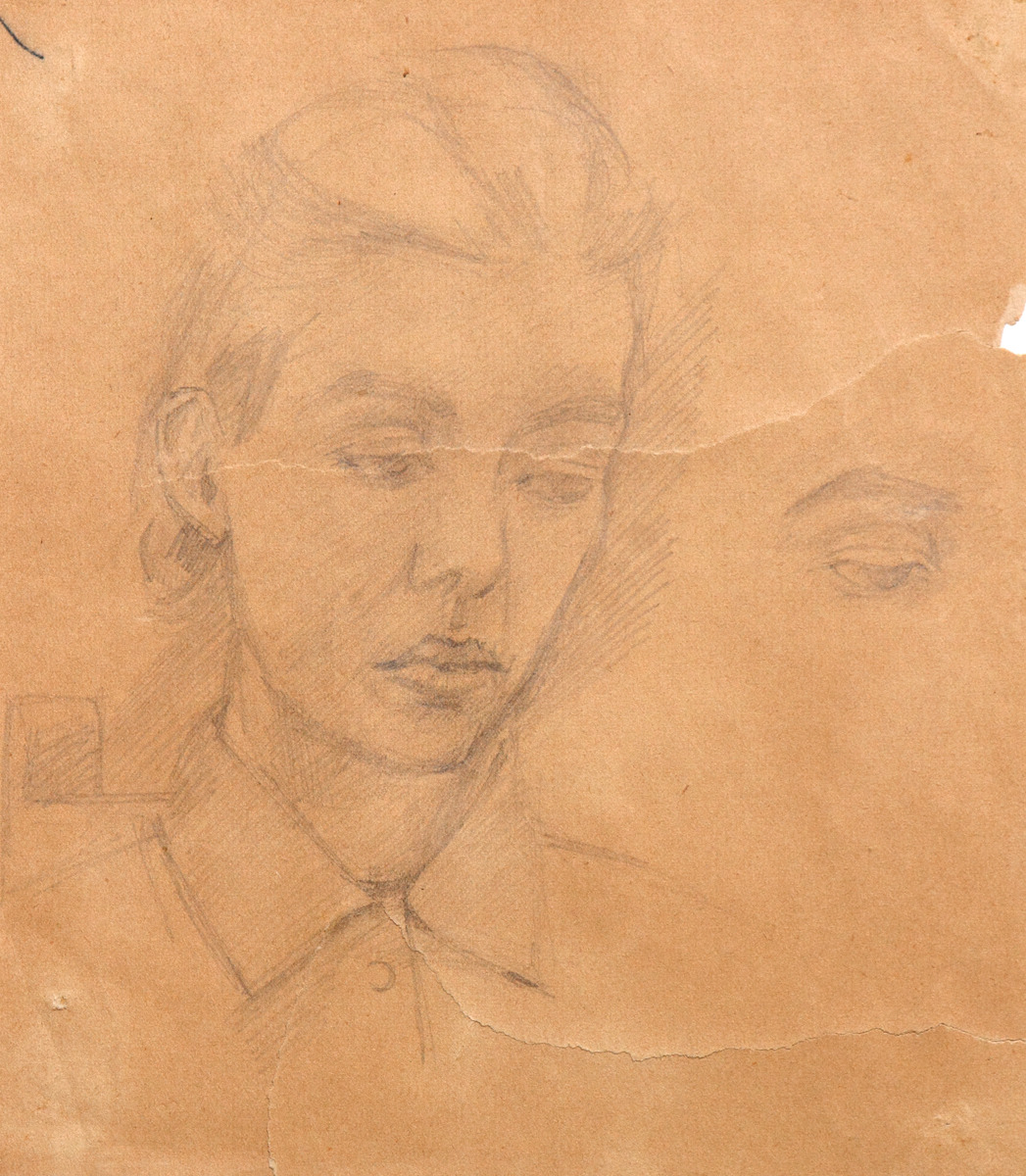 Pencil on paper.  Portrait of woman, looking down in 3/4, study of eye.  Jean Charlot.