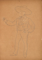 Pencil on paper.  Charro in dance costume, one hand on hip, the other in a dance gesture, as if leading a woman forwards.  Jean Charlot.