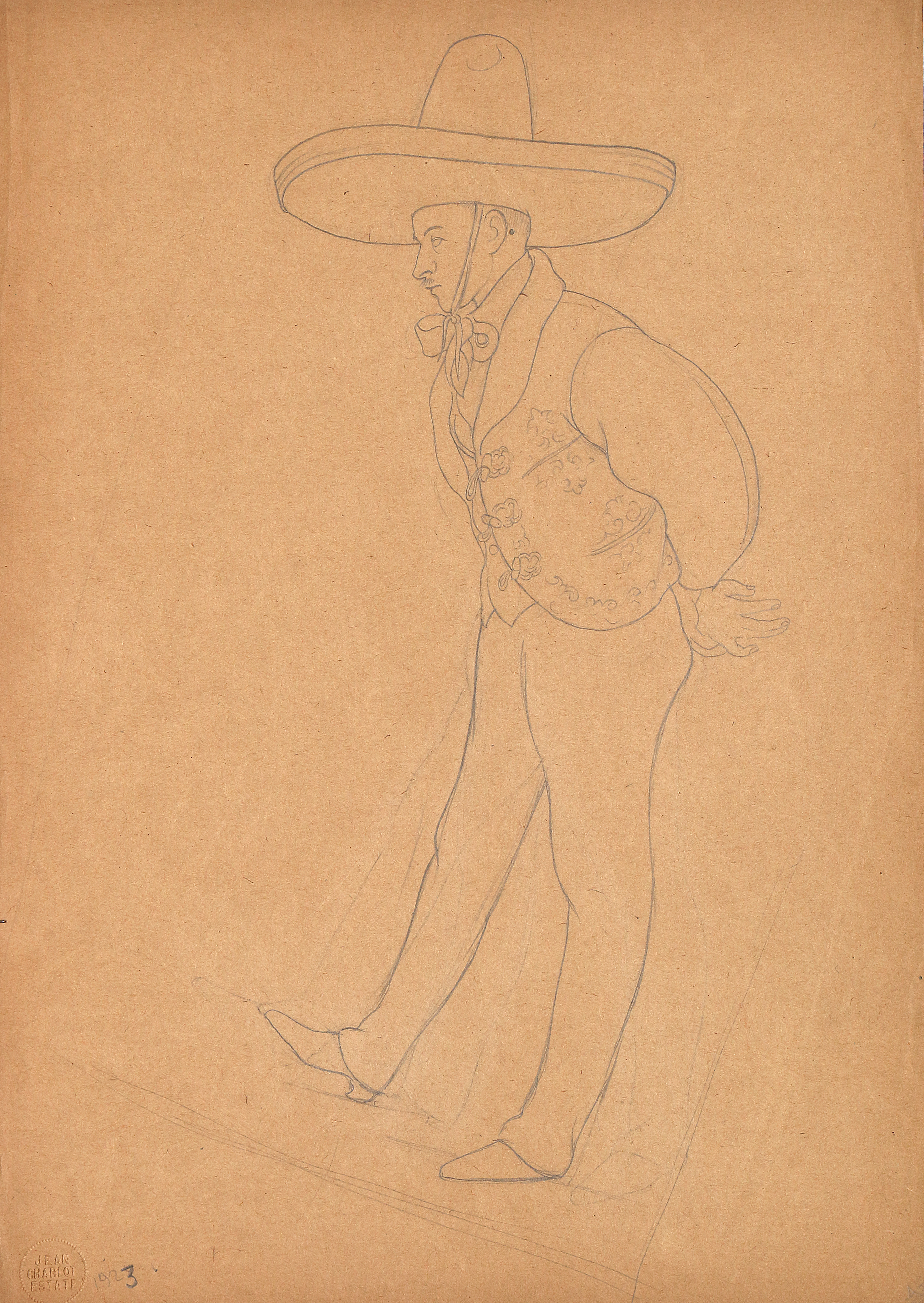 Pencil on paper.  Charro, in dance costume, hands behind back, right foot forward and on heel.  Jean Charlot.