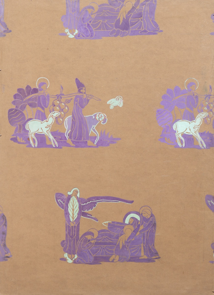 Gouache on stiff paper; brown, purple, and blue.  The Grapes of Canaan and L’ange apporte la palme à Marie agonisante.  Jean Charlot.