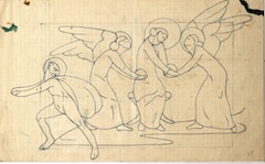 Pencil covered with blue ink.  Jesus Being Succored by Angels after the Temptation in the Desert.  Jean Charlot.