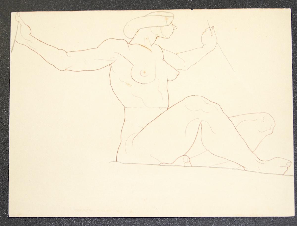 Paper and pencil.  Female nude, sitting up, arms extended.  Jean Charlot.