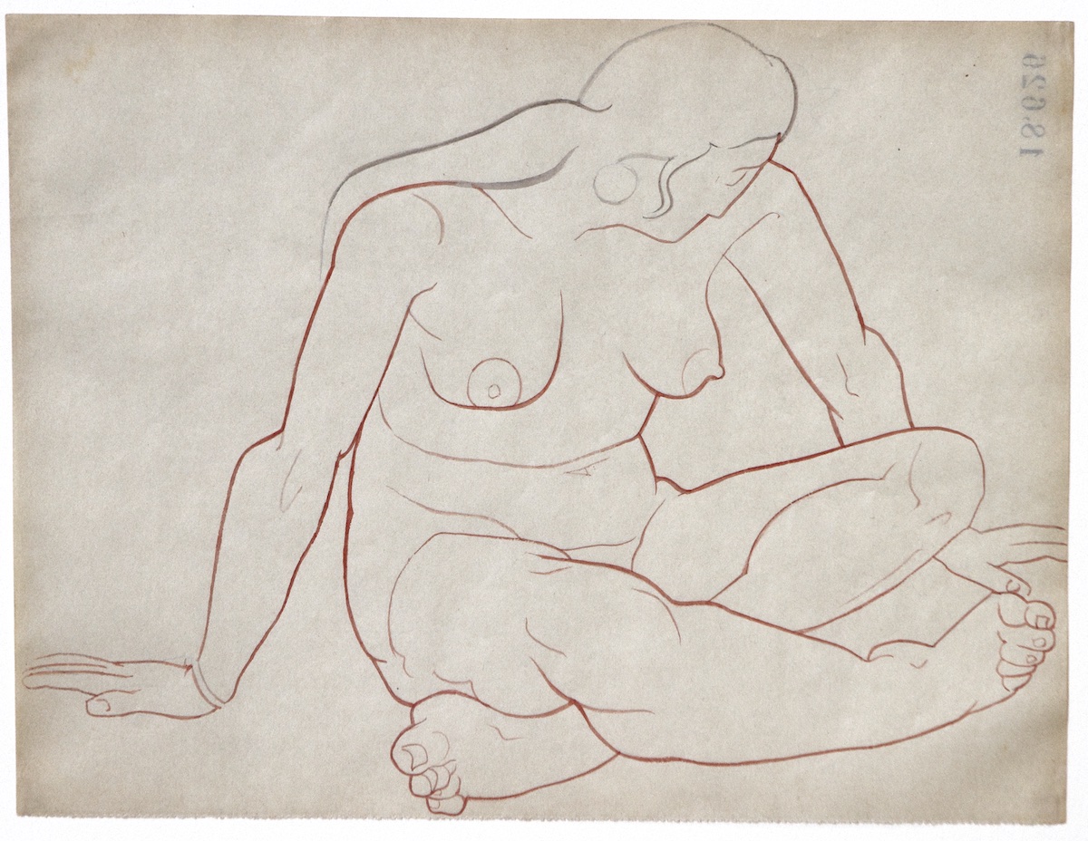 Paper and pencil.  Female nude, long hair, seated on floor, legs crossed, looking down (luz?).  Jean Charlot.