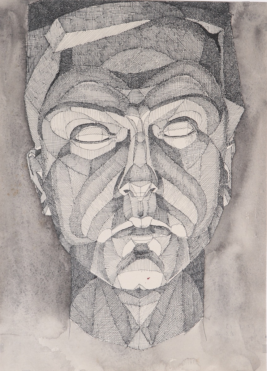 Pen and wash on paper, monochrome.  Self-Portrait, Cubist Style.  Jean Charlot.