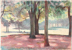 Pencil and wash on paper.  Park or forest scene.  Jean Charlot.