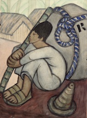 Paper and watercolor.  Man with Long Head Sitting in front of Big Bundle, jungle setting, two huts.  Jean Charlot.