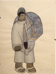 Paper and watercolor.  Street Vendor with Cloths in Mexico City.  Jean Charlot.