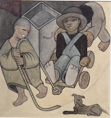 Paper and watercolor.  Three Street Boys Playing on Mexico City Street.  Jean Charlot.