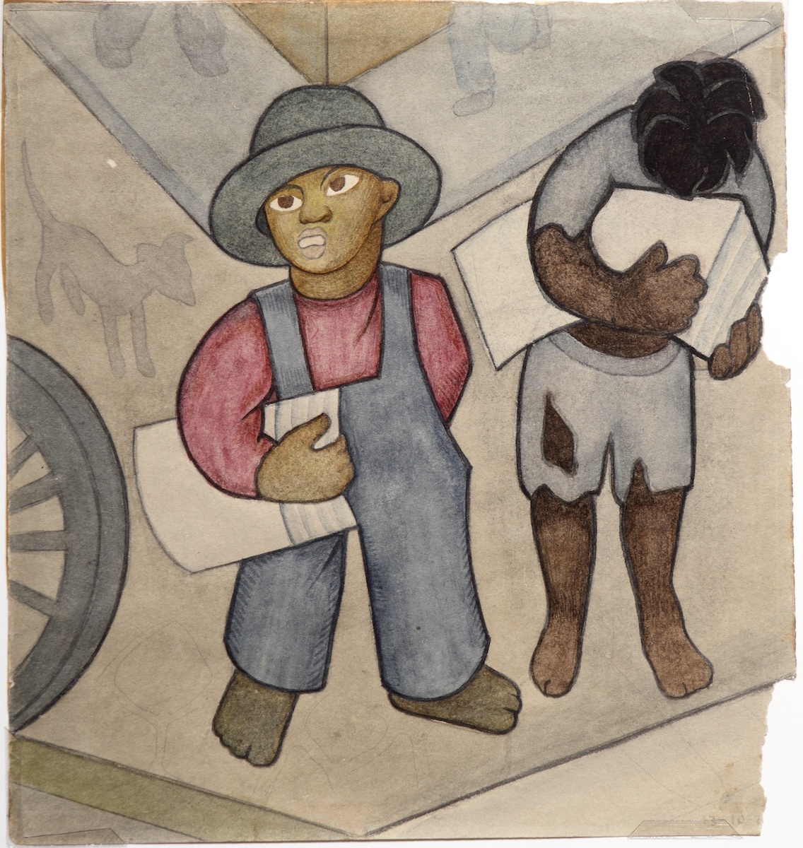 Paper and watercolor.  Two Newsboys on Mexico City Street.  Jean Charlot.