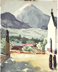 Paper and watercolor.  Painting of Yucatán, Mexico.  Jean Charlot.