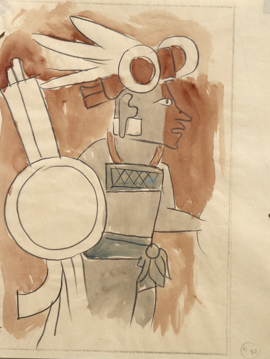 Paper and watercolor.  Chichʻen Itza archeological copy.  Jean Charlot.