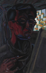 Gouache.  Self-portrait in dark gouache; related to L'Amitié.  Jean Charlot.