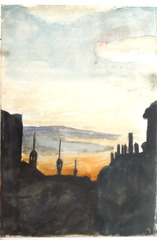 Watercolor.  White source of light at right center.  Jean Charlot.