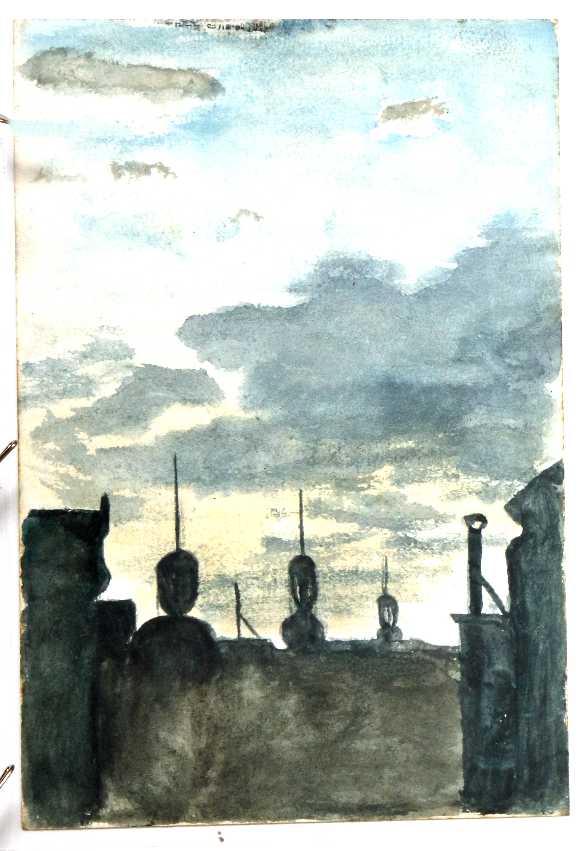 Watercolor.  Light of rising sun behind dark buildings.  Jean Charlot.