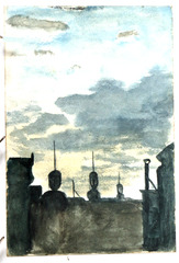 Watercolor.  Light of rising sun behind dark buildings.  Jean Charlot.