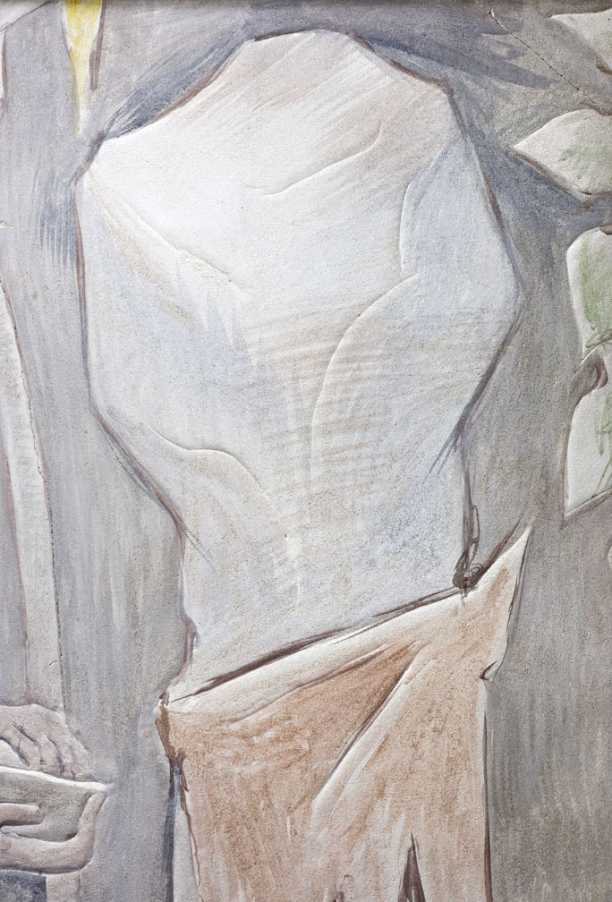 Fresco.  Detail of sacred stone.  Kahuna with Sacred Stone.  Jean Charlot.
